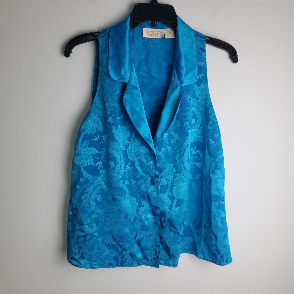 Vintage Victoria's Secret Teal Satin Floral Button-Down Pajama Top Size Medium